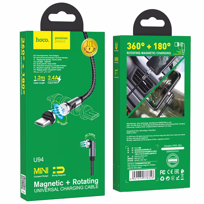 hoco-u94-universal-rotating-magnetic-charging-cable-for-micro-usb-package cable Hoco magnetique type C U94 – Image 1